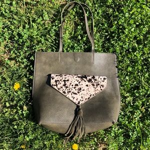 Green leather Anthropologie tote w/ tassel clutch